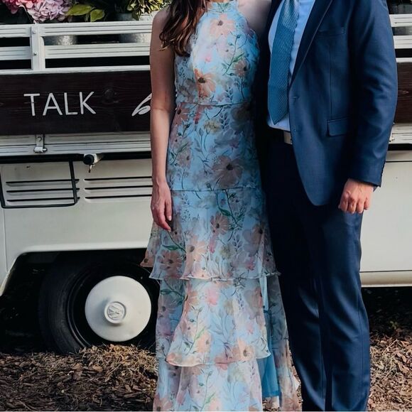 Lulus Forever Exceptional Light Blue‎ Floral Halter Organza Maxi Dress, Medium - Picture 1 of 5